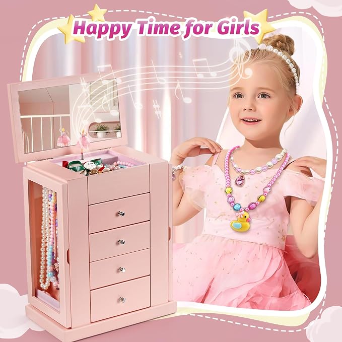 Emfogo Jewelry Box for Girls, Musical Jewelry Box with Spinning Dancer Gifts for Little Girls Christmas New Year Birthday Children's Day, 5 Layer Large Wooden Kids Music Jewelry Organizer Box(Pink) - Image 2