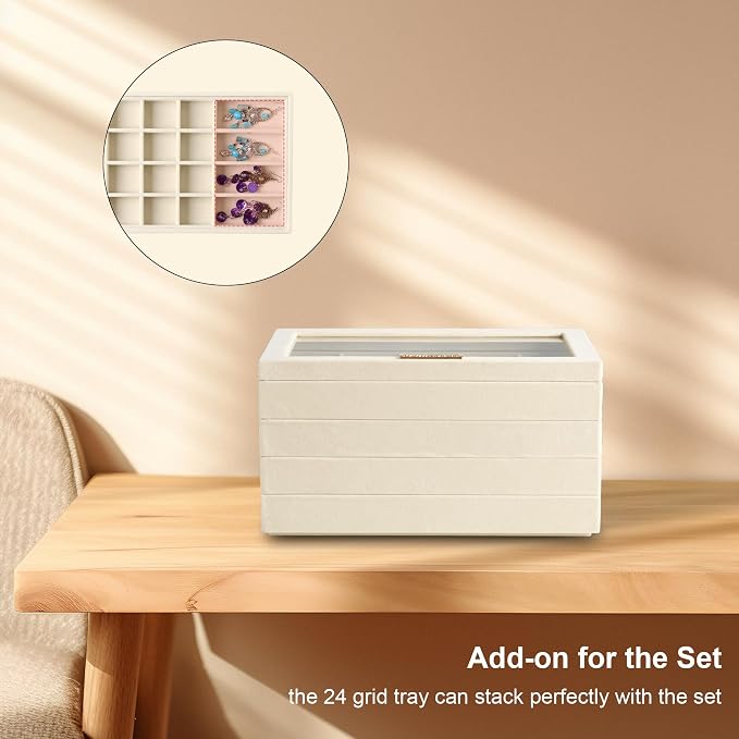 Frebeauty 24 Grid Earring Holder Organizer Tray, Jewelry Organizers and Storage for Drawer,Velvet Jewelry Display Storage for Earrings,Rings,Studs,10.5 x 6.5 x 1.2 Inches Gift for Women (Beige) - Image 5