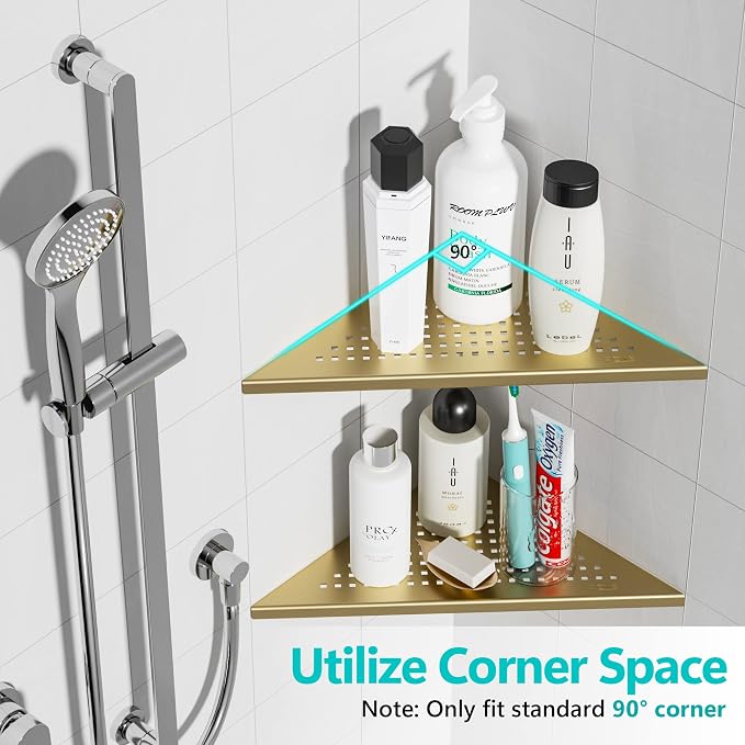 Qeke 2 Pack Bathroom Corner Shelf, Recessed 12" Corner Shower Shelf, SUS304 Stainless Steel Triangular Wall Mount, No Drilling, Brushed Golden - Image 3