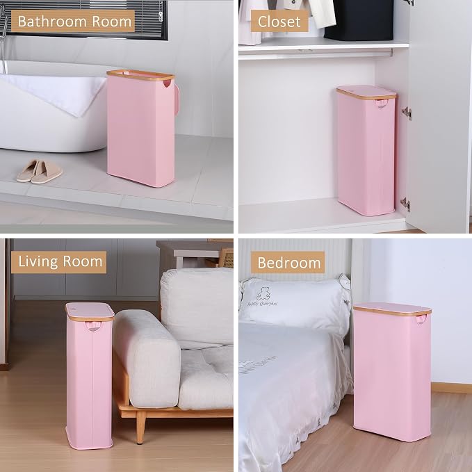 iEGrow 65L Slim Laundry Hamper, Narrow Laundry Basket with Lid,Foldable Clothes Hamper with Bamboo Handles,Hamper Basket with Removable Inner Bag for Laundry Room Bedroom College Dorm,17.17 Gals Pink - Image 7
