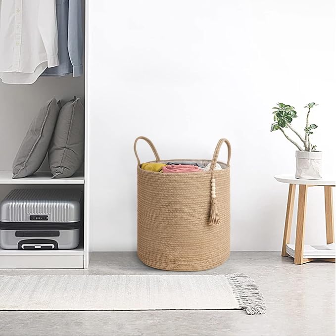 Mkono Tall Wicker Laundry Basket Woven Storage Basket Decorative Natural Rope Basket Wooden Bead Decoration for Blankets,Toys,Clothes,Shoes,Plant Organizer Bin with Handles Living Room 15"Wx17.7"L - Image 2