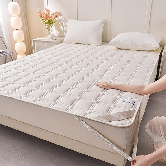 Queen Mattress Protector Cover with Elastic Straps - Thin Foldable Quilted Cover Pad for Student Dormitory - Soft & Comfortable, Breathable Cool Mat - Machine Washable