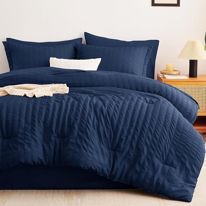 CozyLux Oversized King Comforter Set Navy Blue Seersucker 7 Pieces 120x98 Bed in a Bag Comforter Set with Sheets, Luxury Soft Bedding Sets with Down Alternative Comforter, Sheets, Pillowcases & Shams