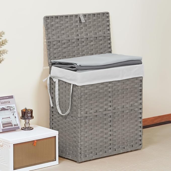 DUMOS Wicker Laundry Basket with Lid, 110L Woven Laundry Hamper with Handles, Foldable Rattan Clothes Hamper with Removable Liner & Sturdy Steel Frame, Dove Gray - Image 3