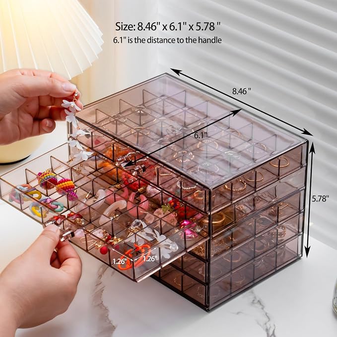 YUFONG Earring Storage Box Organizer, Acrylic Jewelry Storage Box Holder 5 Drawers Transparent Jewelry Display Stand with 120 Small Compartments Gift Boxes for Women Girls (Clear Purple Brown) - Image 6