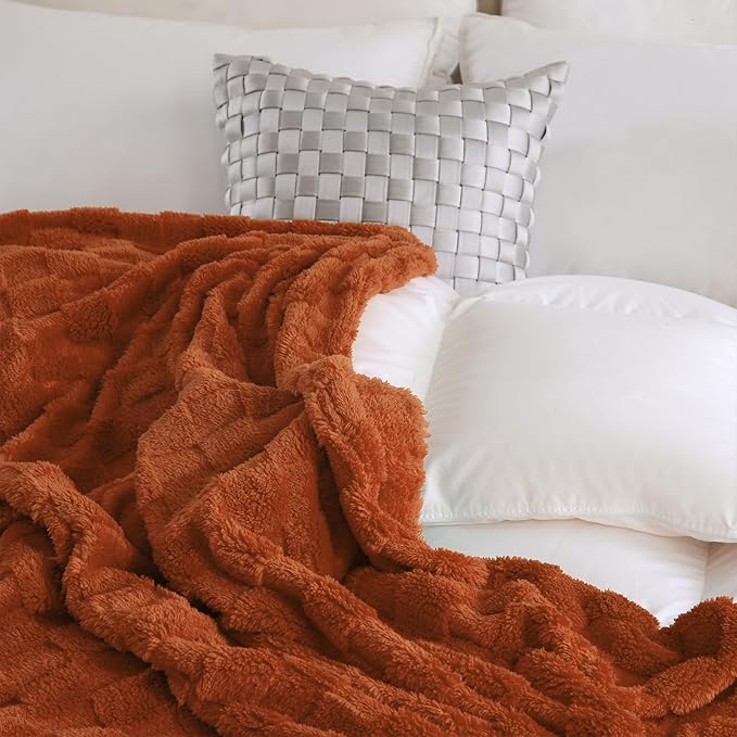 Burnt Orange Fleece Throw Blanket 90”×90” for Couch Sofa Bed,Super Soft Cozy Plush Microfiber Flannel Blanket with 3D Checkered Design Lightweight for Adults,Woman,Girls