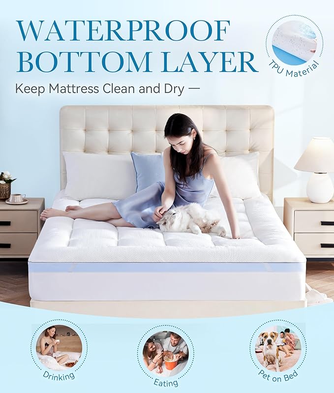 BDEUS Waterproof Dual Layer 4 Inch Memory Foam Mattress Topper Twin Size, 2 Inch Gel Memory Foam Plus 2 Inch Down Alternative Quilted Pillow Top Mattress Pad Cover for Kids, Pets