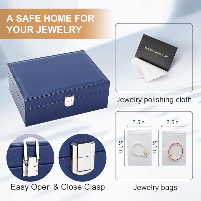 Jewelry Organizer Box PU Leather Jewelry Box for Girls Womens Earring Organizer Boxes 2 Layer Large Jewelry Storage Case Removable Tray for Necklace Earring Ring with Polishing Cloth and Jewelry Bags - Image 4