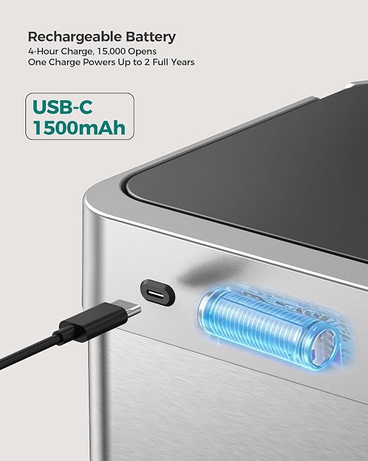 Kitchen Trash Can Touchless, 13 Gallon/50 L Stainless Steel Automatic Motion Sensor Trash Can, Type-C Rechargeable Garbage Can with Lid, Silent Close, Touchless Trash Bin for Home Kitchen, Silver - Image 3
