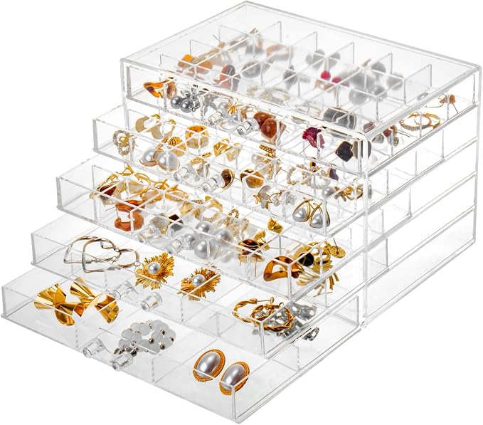 YUFONG Jewelry Boxes Earring Storage Box Organizer 5 Drawers Jewelry Organizer Acrylic Jewelry Storage Box Holder Compartment Transparent Display Storage Case Gift for Women Girls (84 Girds) - Image 5
