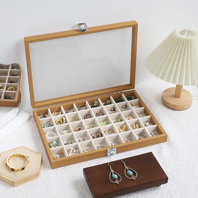 Stratalife Jewelry Organizer 40 Grid Jewelry Trays with Clear Lid Wood Earring Organizer Ring Holder Accessories Box Necklaces Earrings Storage for Women Drawers Vintage Style Beige - Image 5