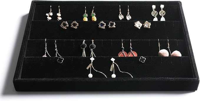 Frebeauty Stackable Velvet Jewelry Organizer Trays for Drawers Inserts Jewelry Storage Tray Display Case Stud Earrings Bracelets Necklace Rings Accessories Trays for Women Girl(Set of 4)(Black). - Image 6