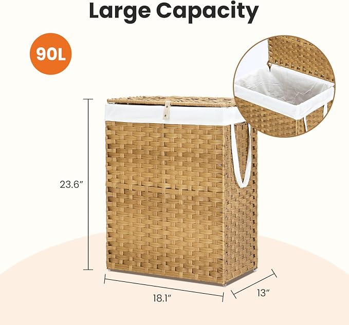 DUMOS Woven Laundry Basket with Lid, 90L Large Capacity Hamper, Removable & Machine-Washable Liner, Foldable Rattan Clothes Hamper, Sturdy Steel Frame, Odor Control, Goose Yellow - Image 5