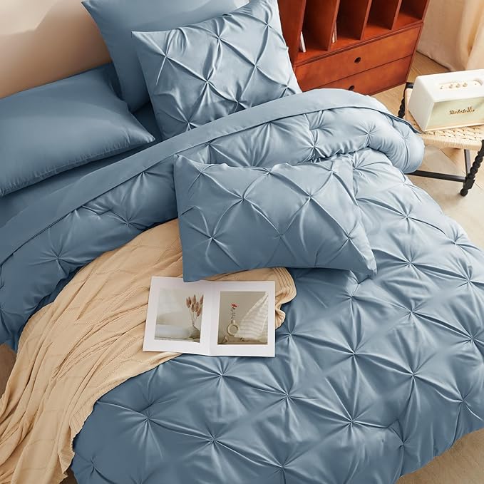 CozyLux King Size Comforter Set Mineral Blue, 7 Pieces Pintuck Bed in A Bag Blue Comforter King Size, Pinch Pleat Bedding Set with All Season Comforter, Flat Sheet, Fitted Sheet, Pillowcases & Shams