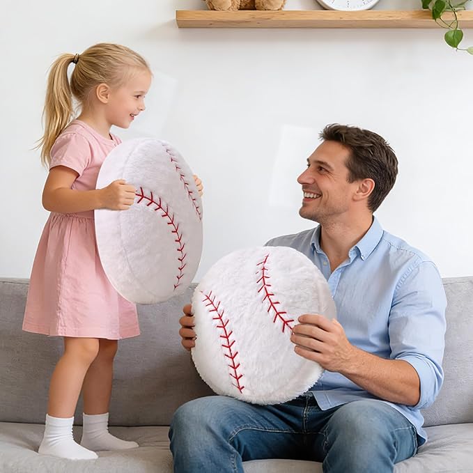 Plush Baseball Pillow 2 Pack, Soft Fluffy Round Baseball Shaped Throw Pillows for Kids Room, Sofa & Bed Decor, Seat Cushion Alternative for Gaming & Sports Room 15.7 Inch
