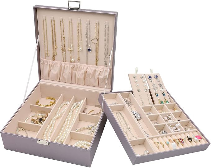 ProCase Jewelry Box for Women, 2 Layers Large Leather Jewelry Organizer Storage Case with Removable Pad for Earrings -Pearlizedsilver by ProCase