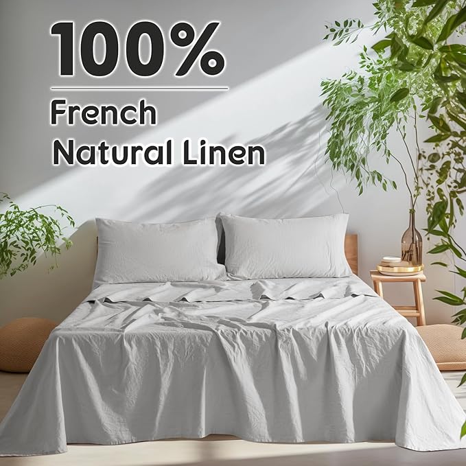 SONORO KATE 100% French Pure Linen Sheets, Breathable and Durable Linen King Size Sheets, Anti-Tear Linen Bed Sheets, Machine Washable, 16 Inch Deep Pocket - 4 Piece (Grey, King)