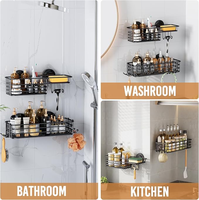 LEVERLOC Shower Caddy Suction Cup, 2 Pack Shower Shelves for Inside Shower with Hooks & Soap Holder, NO-Drilling Bathroom Shower Organizer, Rustproof Meatl Shower Holder Storage, Black - Image 5