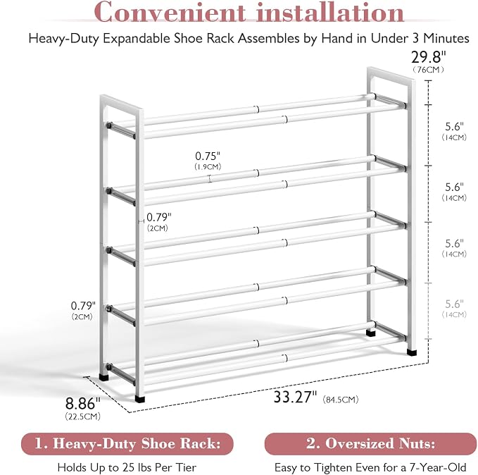 Bumusty 5-Tier Expandable Shoe Rack for Closet, 18“-33” Adjustable Shoe Rack for Small Space, Small Shoe Organizer for Front Door, Sturdy Metal (White) - Image 3