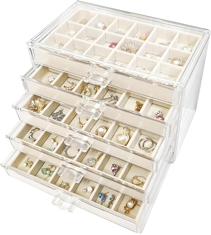 Acrylic Earring Holder Organizer with 5 Drawers Clear Earring Organizer Box with 90 Adjustable Grids Velvet Earring Display Case Jewelry Organizer for Earrings Rings Studs (Beige) by HOUKANWE