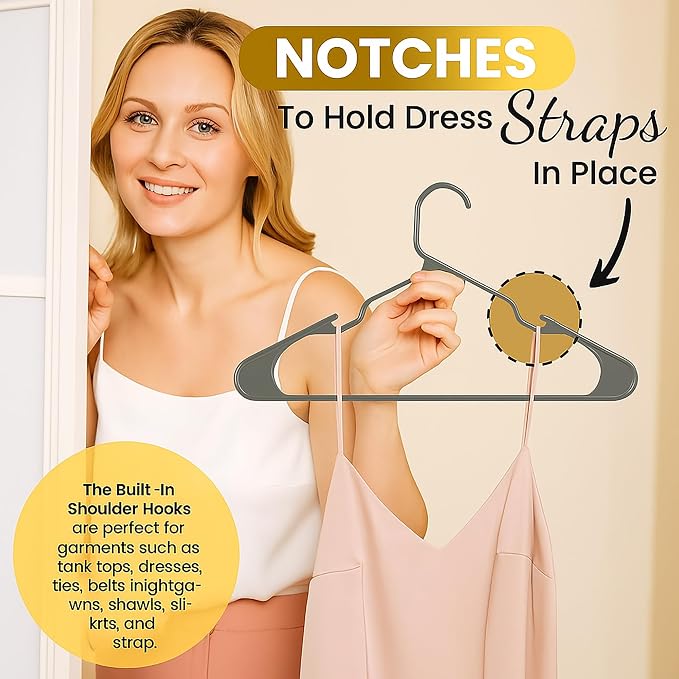 Our Modern Space 100 Pack Plastic Hanger for Shirt Pants Coats Dresses Skirts Suits Jackets - Standard Thick Coat Hanger - Sturdy & Durable Design with Shoulder Grooves Hook - Grey - Image 6