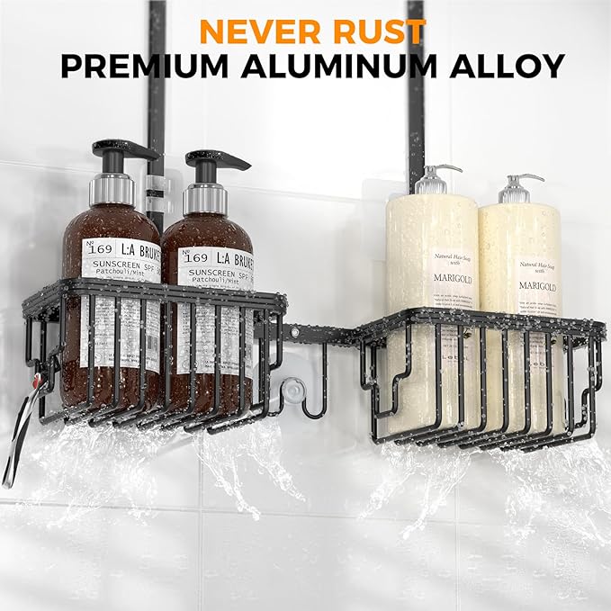 REINHARDT Aluminum Shower Caddy Hanging Adjustable Shower Caddy, Rustproof Hanging Shower Organizer with Hooks Soap Holders, Over Shower Head Caddy for Handheld Showerhead, Black - Image 3