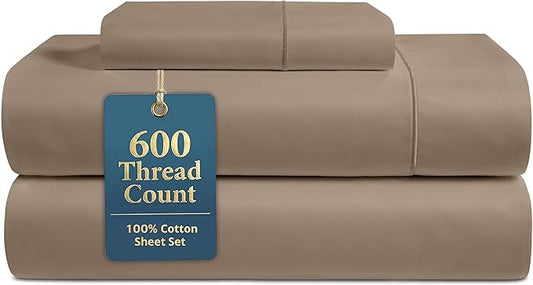 LANE LINEN 100% Cotton Sheets Twin Size - 600 Thread Count Sateen Weave for Smooth Feel On Skin - Extra Soft & Breathable Twin Sheet Set for Single Beds - Fits Mattresses Upto 15'' Deep - Taupe