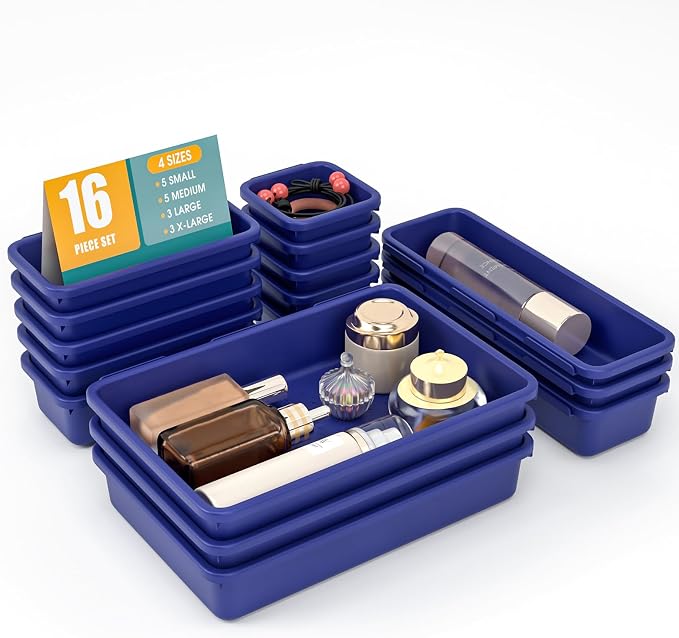 16 PCS Drawer Organizer Set, 4 Size Makeup Drawer Divider Organizer With Non-Slip Pads, Interlocking Plastic Storage Bins for Office,Jewelry Vanity,Gadgets, Bathroom,Kitchen, Navy by StoreHappily