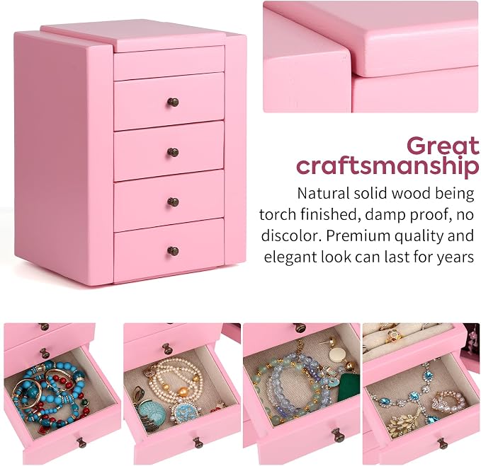 Meangood Jewelry Box Wood for Wowen, 5-Layer Large Organizer Box with Mirror & 4 Drawers for Rings, Earrings, Necklaces, Pink - Image 6
