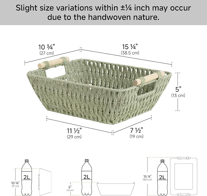 StorageWorks Large Wicker Storage Basket for Organizing with Wooden Handles, Toilet Paper Baskets for Shelf, Bosana Green, 2-Pack - Image 3