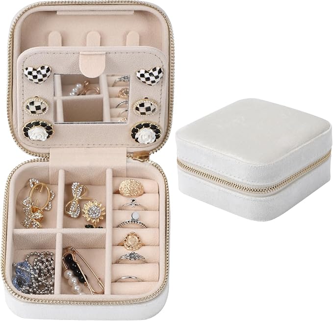 Dajasan Velvet Jewelry Box, Mini Travel Jewelry Case, Portable Travel Jewelry Organizer with Mirror for Birthday Mother's Day Valentine's Day(Beige) by DAJASAN