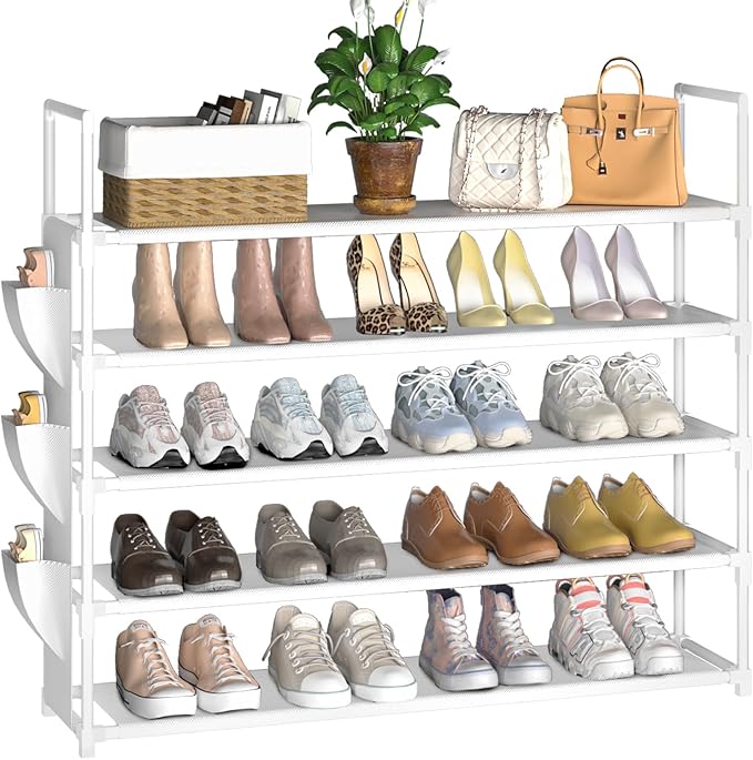 OYREL 5 Tier Shoe Organizer, 33.3in Wide x 11.2in Deep x 35.6in Tall, Black Metal and Plastic Shoe Rack with Side Bag, Holds 20-25 Pairs of Shoes by OYREL