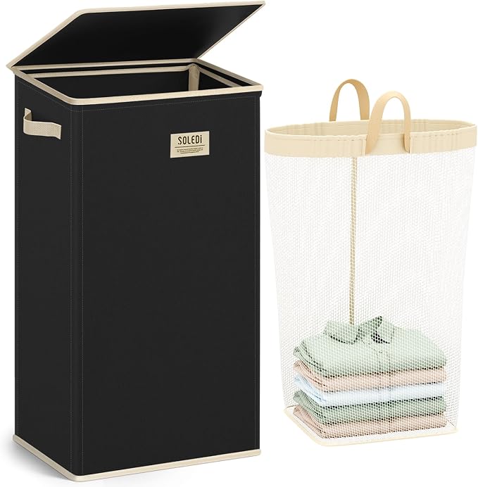 SOLEDI Laundry Hamper with Lid 100L Large & Tall Collapsible Laundry Basket, Clothes Hamper with Bag Removable Easy to Carry, Dirty Hampers for Bedroom, Bathroom, Dorm, College, Pitch Black by SOLEDI