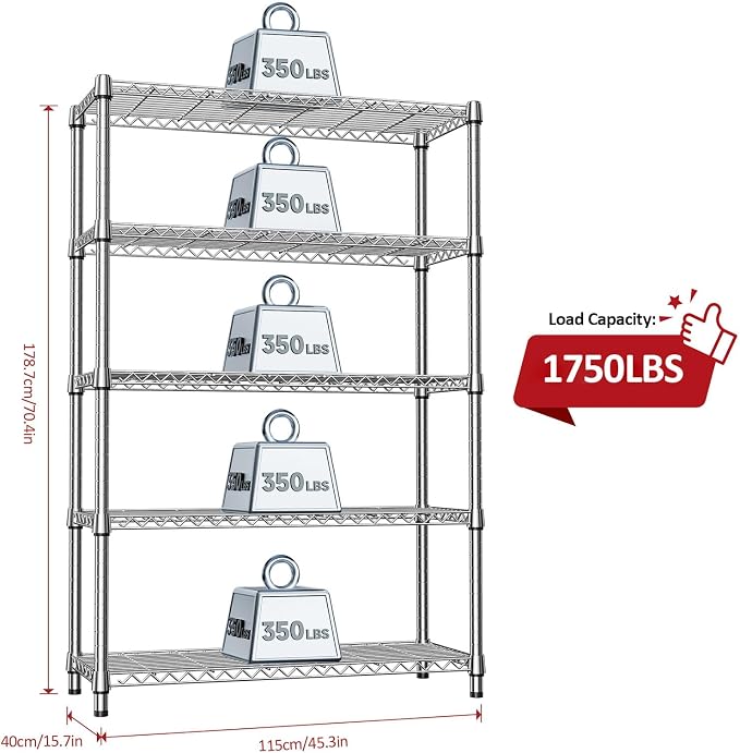 IZEUK 1750LBS Garage Shelving Wide Storage Shelves 5 Tier Metal Shelves Heavy Duty Adjustable Utility Shelf Rack (Chrome, 5 Tier, 15.7" D x 45.3" W x 70.9" H) - Image 3