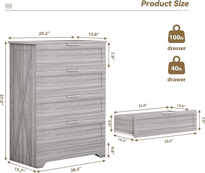 FTZxHKLX Farmhouse 4 Drawer Dresser for Bedroom, Tall Bedroom Dresser with Large Drawer & Silver Handles, Wooden Storage Organizer Cabinet Chest of Drawer for Closet, Living Room, Hallway, Wash Grey