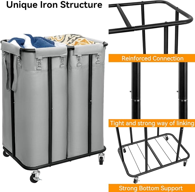 WOWLIVE Double Laundry Hamper with Wheels 170L Rolling Laundry Basket Organizer Laundry Cart with Steel Frame and Removable Bags Large Dirty Clothes Hamper Dorm Room Storage for Bedroom (Grey) - Image 5