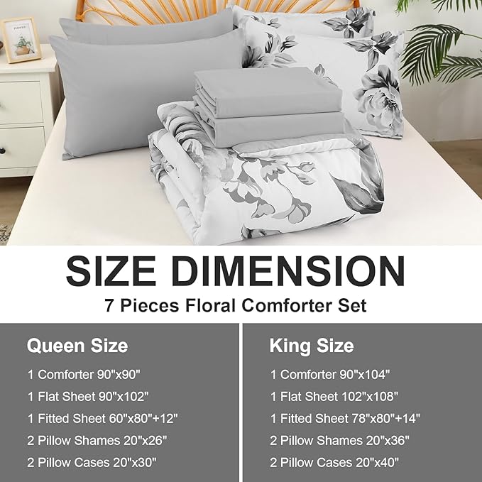 Drucon Grey Floral Comforter Set Queen 7 Pieces Bed in a Bag Botanical Floral Comforter Soft Microfiber Grey Bedding Set Queen Size Bed with Sheet and Pillowcase
