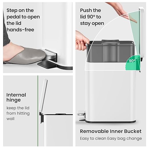 Cesun Bathroom Trash Can with Lid, 2.6 Gallon Small Bathroom Garbage Can Soft Close, Stainless Steel Waste Basket with Step Pedal for Bedroom, Laundry Room, Living Room, Home Office, Toilet, RV, White - Image 5