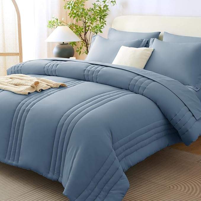 CozyLux King Comforter Set - 7 Pieces Bed in a Bag Grayish Blue Comforter Set with Sheets Luxury Bed Set All Seasons, Soft Bedding Set with Down Alternative Comforter, Sheets, Pillowcases & Shams