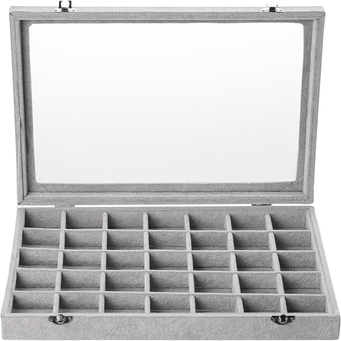 Frebeauty Velvet Jewelry Tray,35 Grid Jewelry Organizer with Clear Lid,Earring Holder Organizer Case with Clasp,Drawer Insert for Rings Studs,13.8 x 9.5 x 2 Inches,Gift for Women Girls(Grey) - Image 2