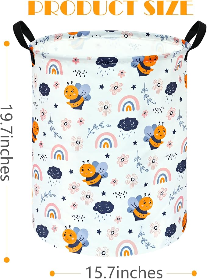 MAIZMZ Rainbow Bee Print Canvas Laundry Basket,Waterproof Storage Bin with Handles 15.7" D×19.7" H Foldable Toy Organizer Decor Gift Basket for Kids' Bedroom & Home Organization - Image 7