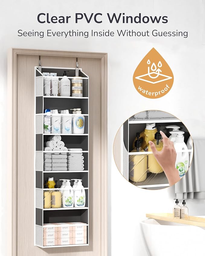 ULG 1-Pack Over Door Organizer with 5 Large Pockets 10 Mesh Side Pockets, 44 lbs Weight Capacity Hanging Storage Organizer with Clear Window for Bedroom Bathroom, RV, Clear Dark Grey - Image 4