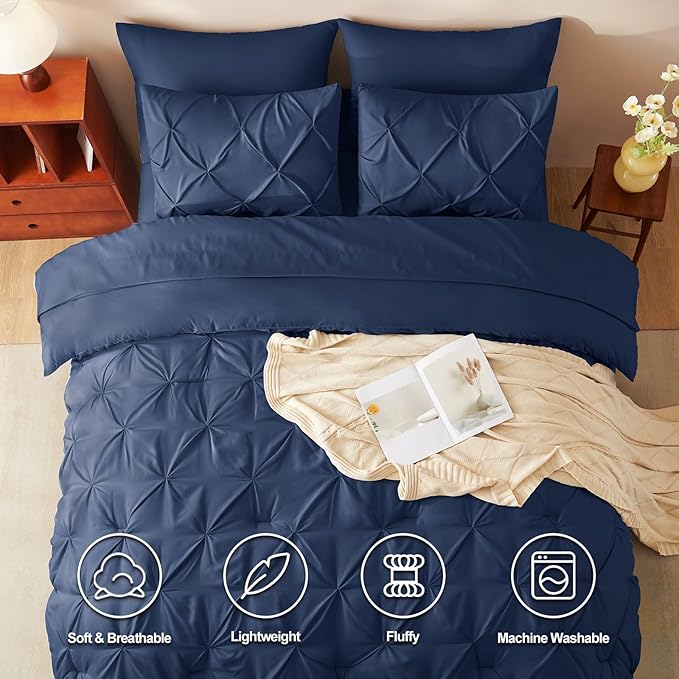CozyLux Queen Comforter Set Navy Blue, 7 Pieces Pintuck Bed in A Bag, Premium Blue Comforter Queen Size, Pinch Pleat Bedding Sets with Comforter, Sheets, Pillowcases & Shams