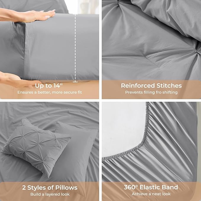 Sasttie King Size Comforter Set, 7-Piece Bed in a Bag, Pintuck Bedding Sets for All Season, Includes Comforter, Flat Sheet, Fitted Sheet, Pillowcases and Pillowshams, Light Grey
