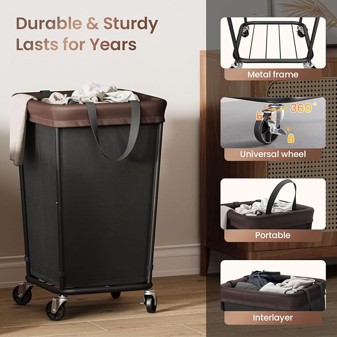160L Laundry Basket with Wheels, 2-section Rolling Laundry Basket, Large Laundry Hamper with Wheels, Rolling Laundry Hamper Clothes Hamper for Home, Bathrooms and Dorm(Black) - Image 6