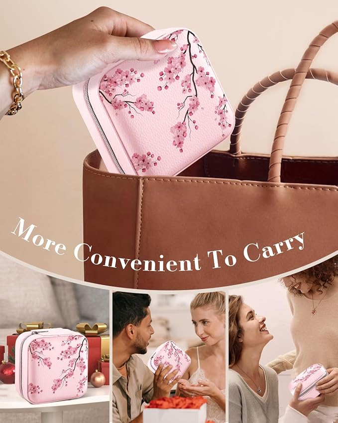 Bistup Travel Jewelry Case - Small Jewelry Organizers and Storage Box for Women Girls Teens Cute Traveling Jewelry Holder with Mirror Little Tiny Compact Modern Unique Aesthetic Pretty, Peach Blossom - Image 6
