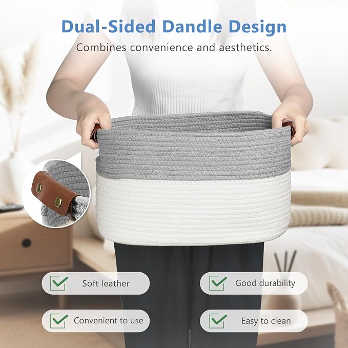 ECDYQXVU Cotton Rope Storage Baskets,15x10x9 in,Foldable Storage Bins, Decorative Woven Basket Cube Storage Organizer for Laundry, Towel, Clothes (White/Grey-3Pack, 15x10x9 inches) - Image 4