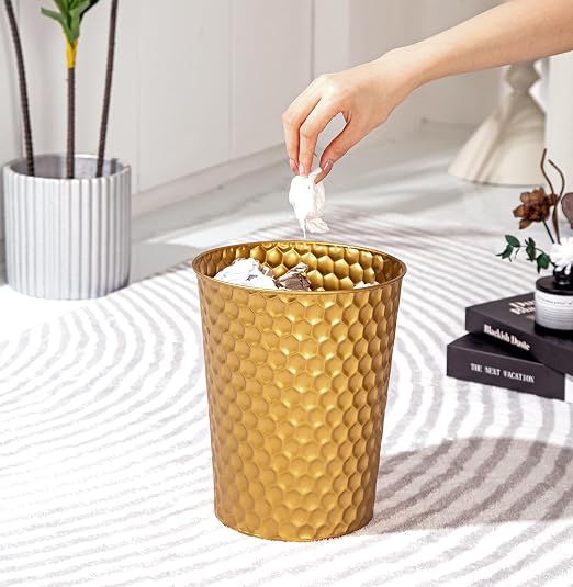 Venalys Small Metal Trash Can Wastebasket, Decorative Honeycomb Garbage Can Waste Basket, Modern Farmhouse Round Trash Bin for Bathroom, Bedroom, Kitchen and Office (Gold) - Image 2