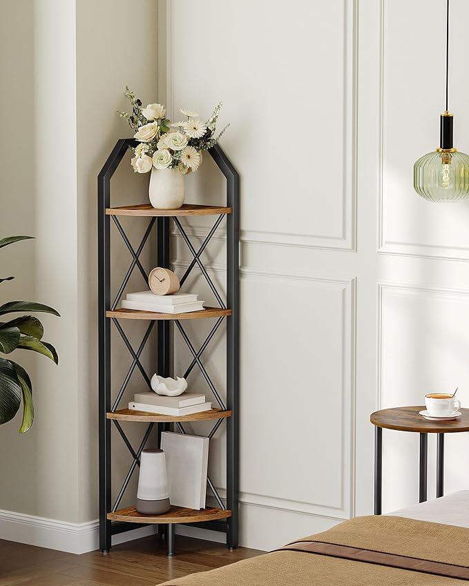 CHOEZON 4-Tier Rustic Brown and Black Corner Shelf, 4-Shelf Industrial Corner Bookshelf, Space-Saving Corner Storage Stand, Plant Stand Display Shelf, Bedroom, Living Room, Home Office by Choezon