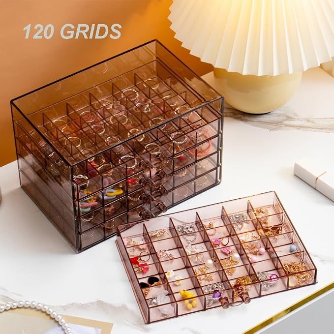 YUFONG Earring Storage Box Organizer, Acrylic Jewelry Storage Box Holder 5 Drawers Transparent Jewelry Display Stand with 120 Small Compartments Gift Boxes for Women Girls (Clear Purple Brown) - Image 3